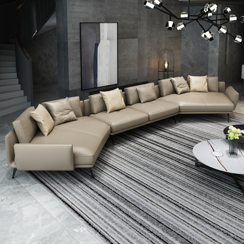Lidio Upholstered Curved Sectional Symmetrical, Sand Beige Genuine Leather, 33" H x 159.5" W x 53.5" D
