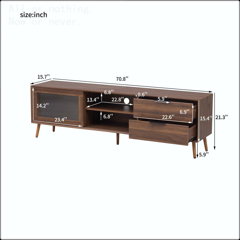 Meuble télé Mid-Century pour téléviseurs de 75 pouces et plus avec portes en verre et 2 tiroirs