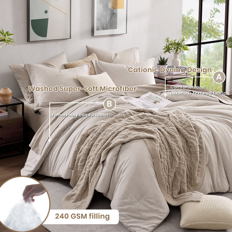 Cationic Comforter Set 7PC, Queen Comforter + 6 Additional Pieces, Beige