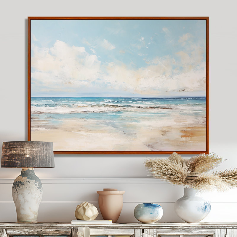 «Beige and Blue Beach Minimal Horizon», art mural plage côtière, H 30 po x l 40 po x P 1,5 po, Cadre flottant brun