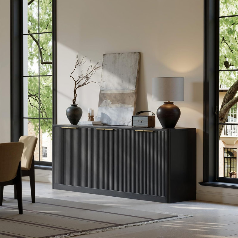 67" Fluted Sideboard Buffet Cabinet With Storage, Large Buffet Cabinet With 6 Doors For Kitchen And Living Room, Black