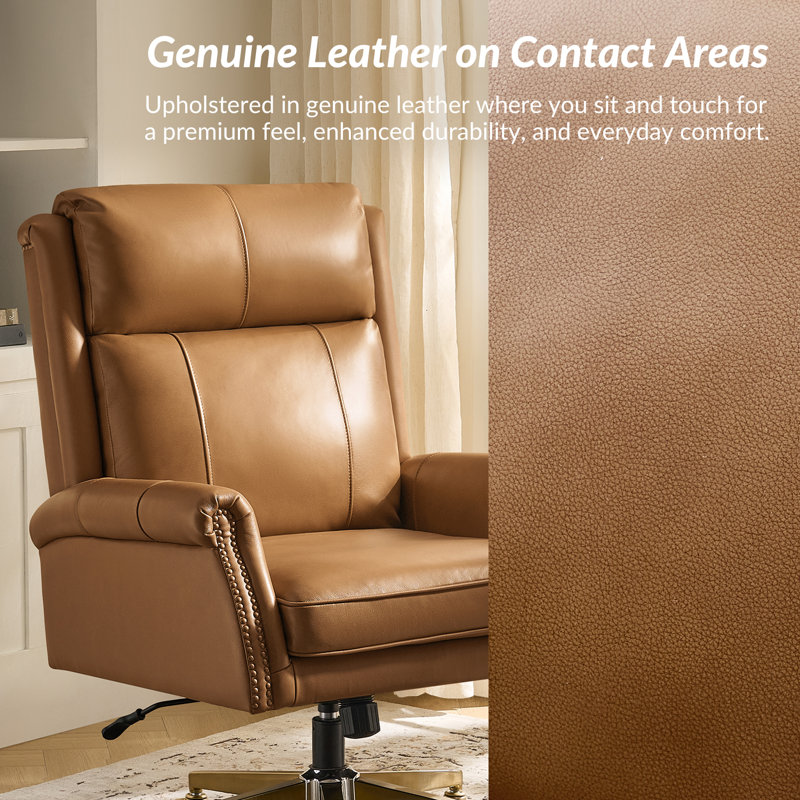 Heeg Transitional High-Back Genuine Leather Executive Office Chair with Nailhead Trim and Tilting Function, Camel