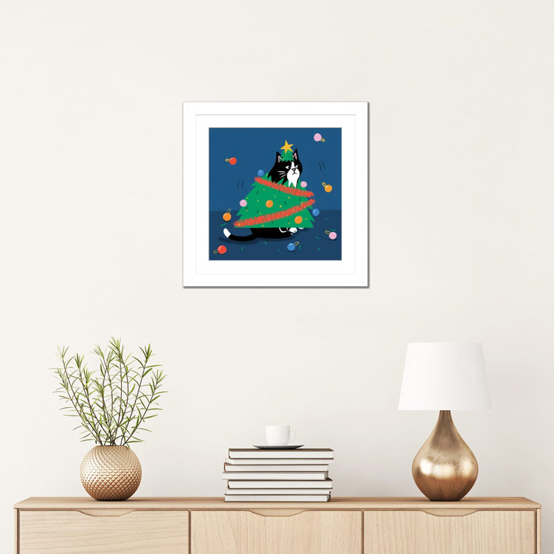 Arbre de Noël chat - reproduction d'art murale - papier d'art encadré, H 16 po x l 16 po, Blanc