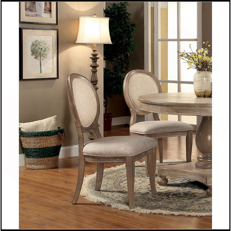 Ensemble de 2 chaises d'appoint de style transitionnel en chêne rustique et beige avec siège rembourré en tissu pour salle à manger
