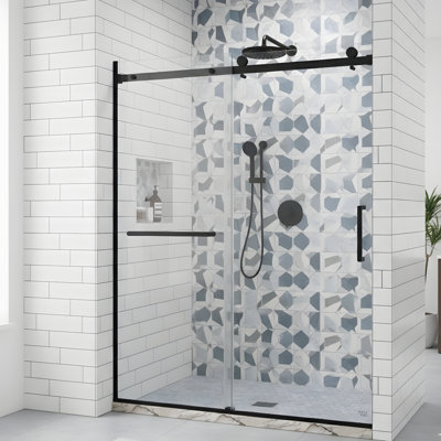 Porte de douche coulissante simple semi-encadrée de 56 à 60 pouces de large x 75 pouces de haut, en acier inoxydable 304 noir mat et en verre trempé clair de 5/16 de pouce (8 mm) d'épaisseur.