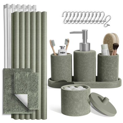 Clara Clark 21-Piece Bathroom Accessory Set with Shower Curtain, Liner, Hooks & Chenille Bath Rugs
