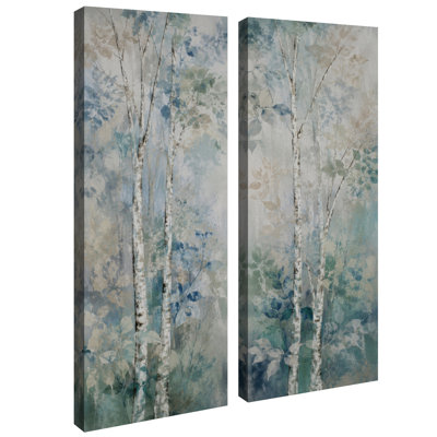 Soft Blue Green Birch Forest Woodland Nature Decor – Set of 2 Framed Wall Art Print on Canvas 32"x12"x2