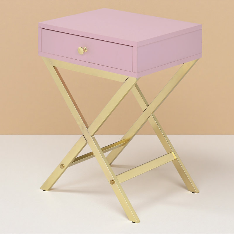 Table de bout moderne avec tiroir Coleen - finition rose et or, base robuste en chrome, table d'appoint compacte pour le salon, la chambre à coucher et les petits espaces