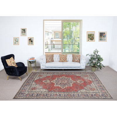 Tapis turc traditionnel rétro fait à la main 7,3 x 10,4 pi. Tapis en laine noué à la main avec motif médaillon