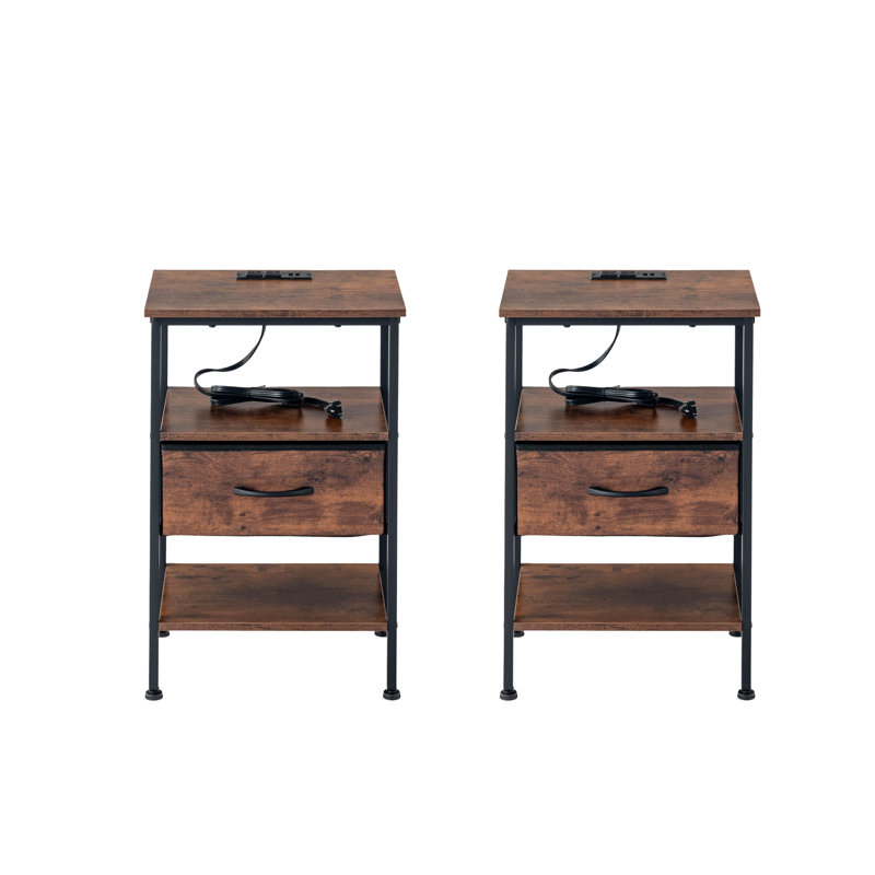 3-Tier Nightstands With Charging Station,Set Of 2,End Table,Bed Side Table With Fabric Drawer