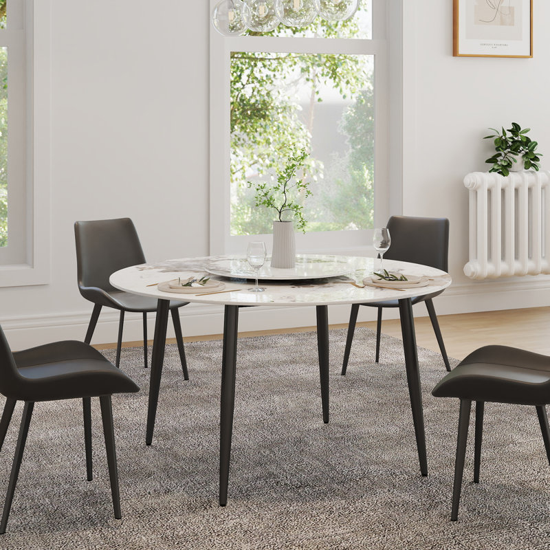 Four-Leg Round Sintered Stone Dining Table With Lazy Susan, Black, Pandora
