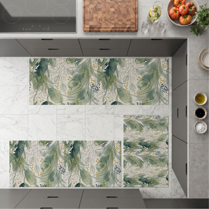Green Leaf Non-Slip Washable Kitchen Mats