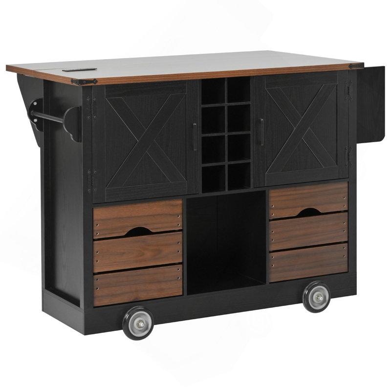 54" Farmhouse Kitchen Island with Drop Leaf, Power Outlet, Kitchen Storage Cart with 2 Doors, 2 Drawers, Rolling Kitchen Island on 4 Large Wheels with Spice Rack for Kitchen, Dining Room