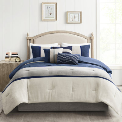 Blue King 7 Piece Comforter - Faux Suede, Elegant Bedding Suede Blue, Fill
