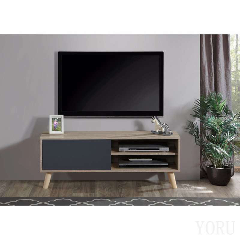 Meuble télé contemporain 47 po en imitation bois, pour téléviseurs jusqu'à 50-55 po, 2 étagères et un espace de rangement, naturel/gris