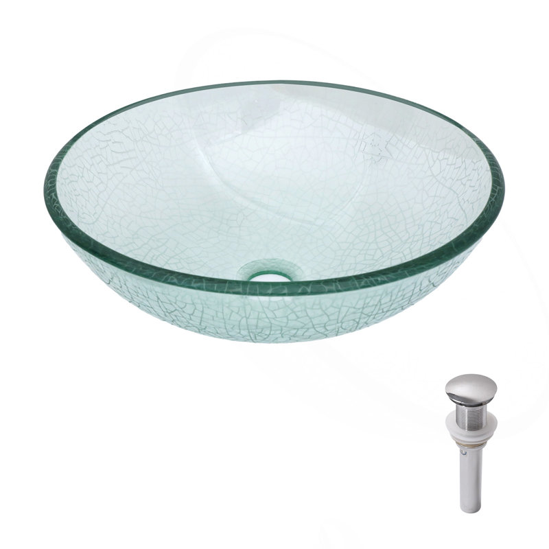 Lavabo de salle de bain en verre trempé craquelé avec bonde escamotable, bol rond en verre trempé transparent (sans robinet)