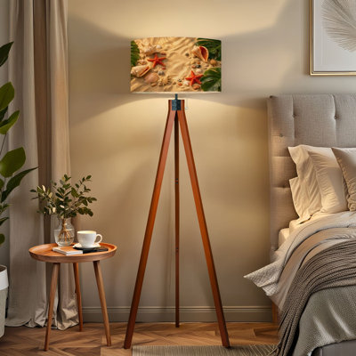  Tripod Standing Lamp Beach Sand Sea Shells Starfish Tropical Leaves Remote Controlled Dimmable LED Floor Lamp with Beech Wood Legs & Detachable Linen Shade for Farmhouse Apartment Living Room and Bedroom