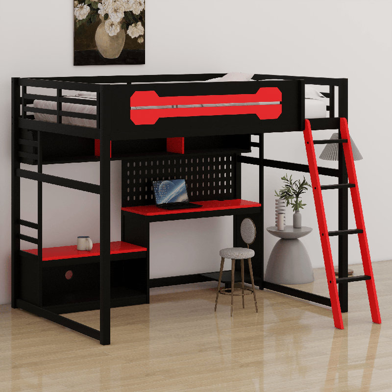 Lit mezzanine en bois avec bureau, Noir / rouge