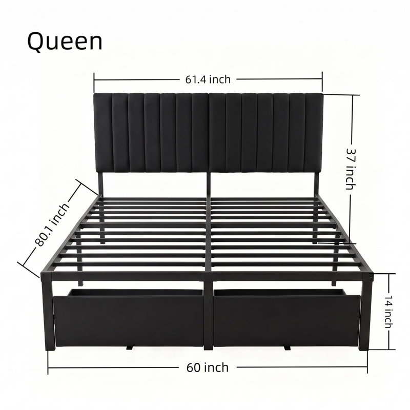 Cadre de lit de base avec 2 tiroirs de rangement, format Queen, noir | Tête de lit rembourrée à hauteur réglable, plateforme en métal, structure en acier robuste, sommier non requis, silencieux, montage facile