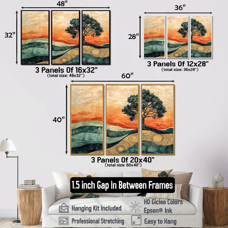 Baobab africain avec des racines de sérénité IV - art mural arbre - ensemble de 3, H 28 po x l 36 po, Noir