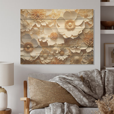 Élégant renoncules blancs - Art mural en bois sur bois de pin naturel