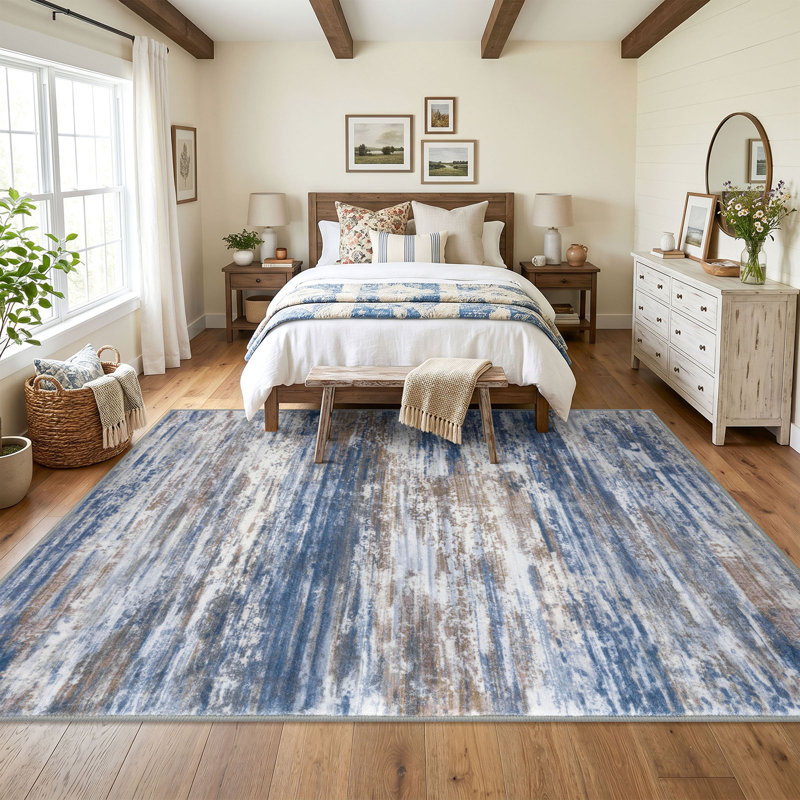 Tapis à envers en caoutchouc lavable à la machine pour le salon de la chambre à coucher, Blue Rust White