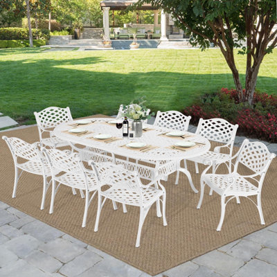  9-piece Outdoor Patio Dining Set, 8 Outdoor Dining Chairs And 1 Oval Table With 2" Umbrella Hole, All Weather Cast Aluminum Patio Funiture Set For Backyard, Garden, Patio,white