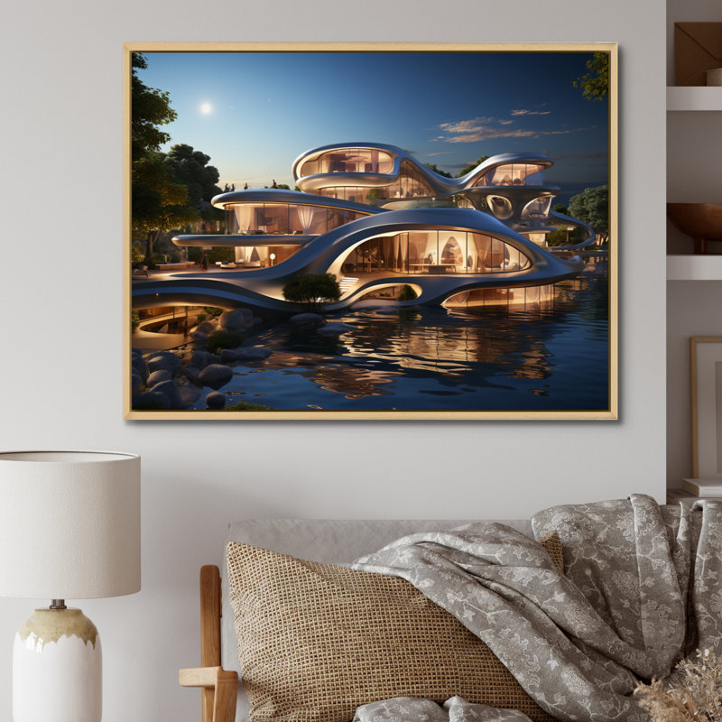 Futuriste architecture I - impressions d'art mural, Cadre naturel flottant, H 16 po x l 32 po x P 1 po