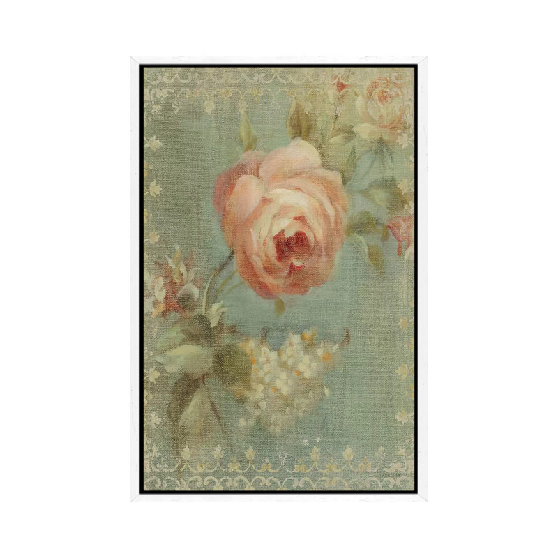 Rose On Sage by Danhui Nai - Painting on Canvas, White Framed, 101.6 cm H x 66.04 cm W