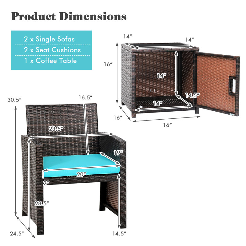 Analicia 2 - Person Patio Conversation Set with Cushions, Turquoise
