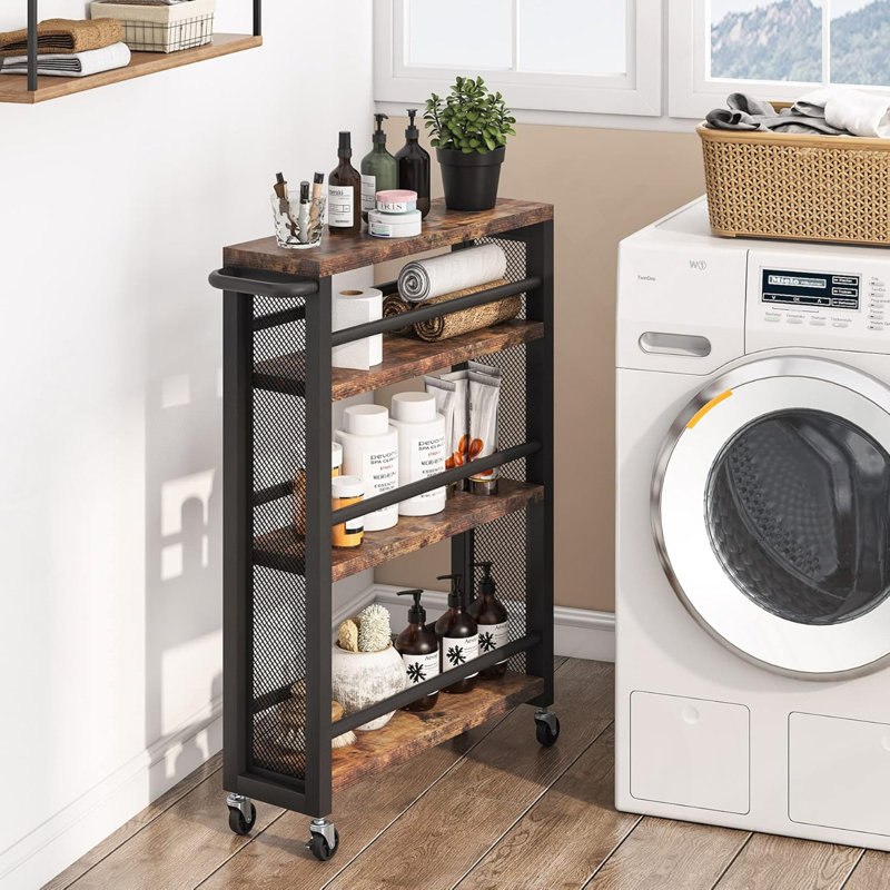 Chariot utilitaire à roulettes 20 po à 4 niveaux avec roulettes, chariot de rangement étroit pour la cuisine pour petits espaces, étagère à épices en bois et en métal, étagère mobile pour garde-manger, salle de bain - brun et noir