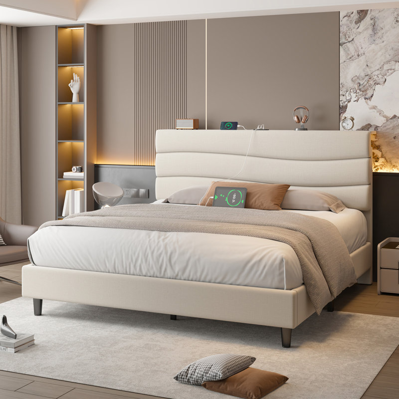 Upholstered Bed Frame With Adjustable-Hight Headboard, Storage Bed And Charging Station, Queen, Beige