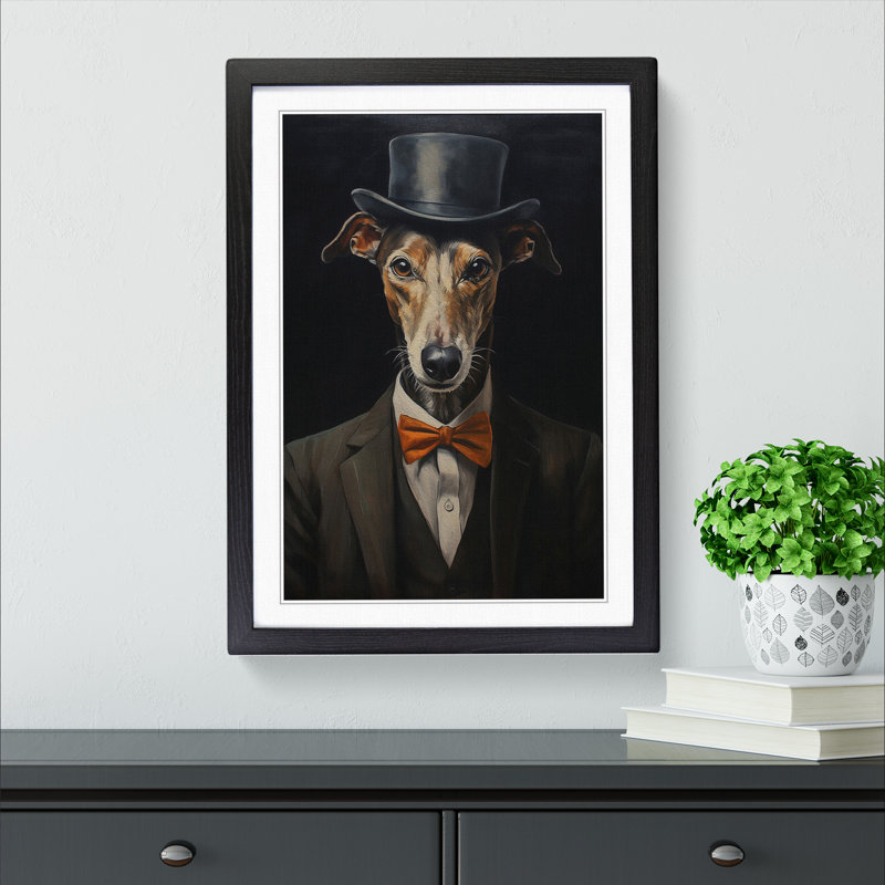 XYZ-FRM-V1223-1680 Whippet In A Suit Painting No.3 - Single Picture Frame Print on Wood, 34cm H x 25cm W x 2cm D, Black