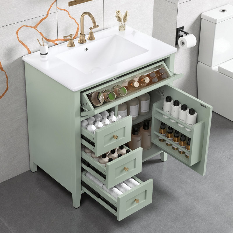Bathroom Vanity with Drawers and Cabinet - Modern Storage Vanity Organizer, Green/Gold, 30"