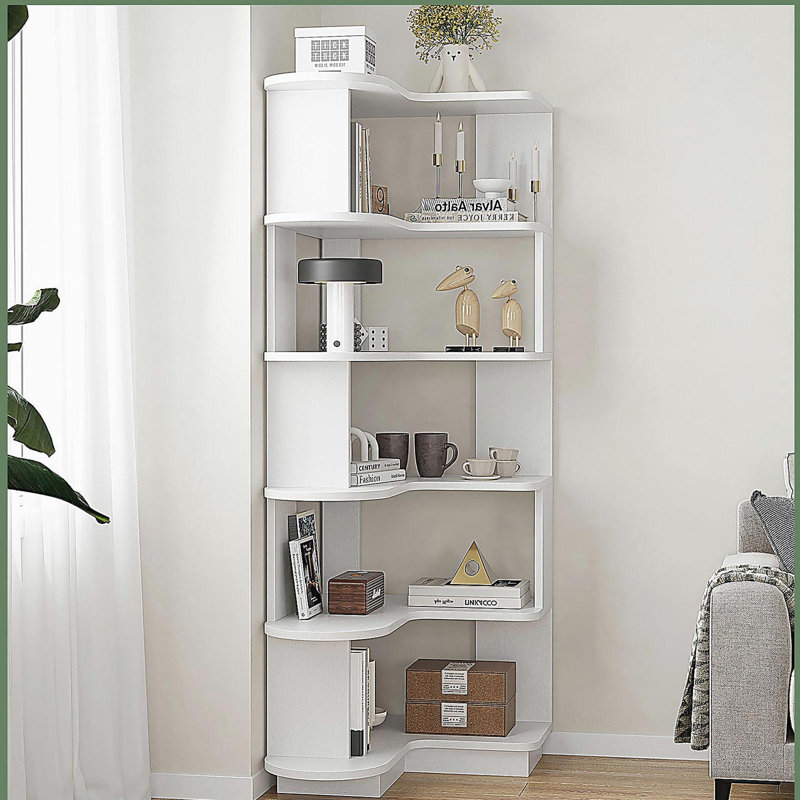 5-Tier Corner Bookshelf,L-Shaped Bookcase Freestanding Storage Shelf & Display Stand, White