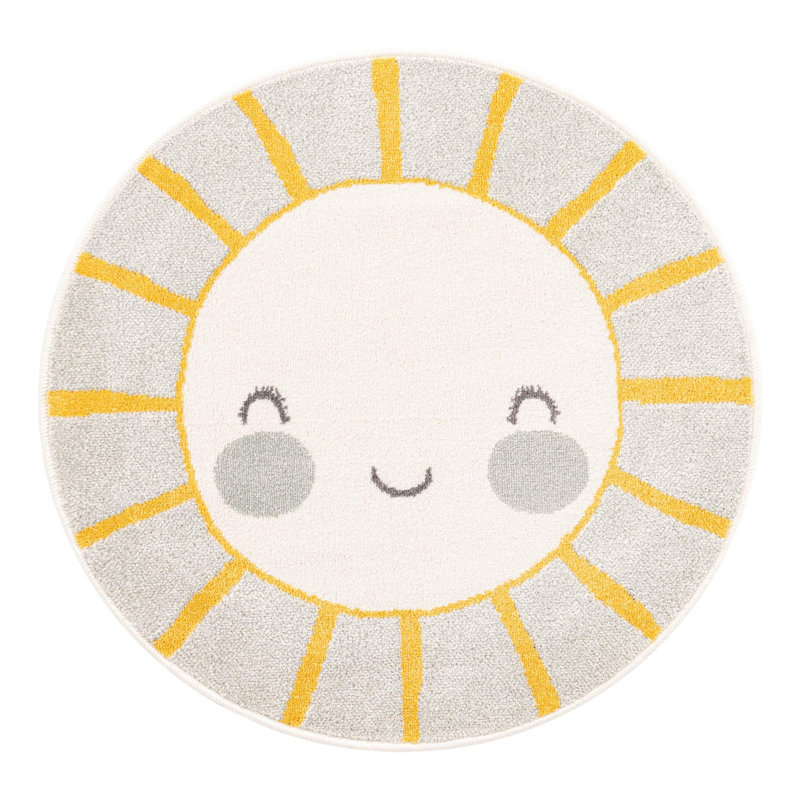 Whimsy Gray and Yellow Round Kids Synthetic Rug