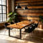Modern solid wood dining table with a walnut-coloured wood finish and metal legs-129390958