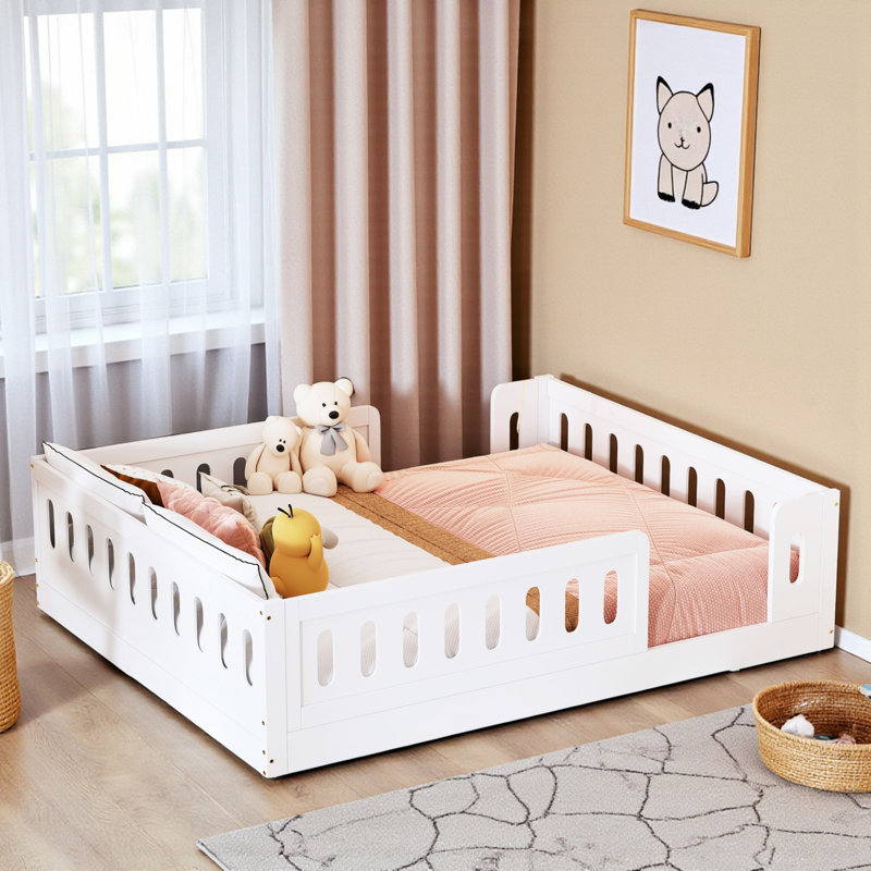 Full Size Floor Bed With Guardrail, Semi-Enclosed Design, Wood, Contemporary, Kids Bedroom, White