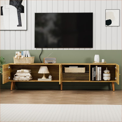 TV Stand | Mid-Century Modern Entertainment Center, Fits Up to 70 Inch TV, with Storage, Tan Brown Finish | MDF | Living Room