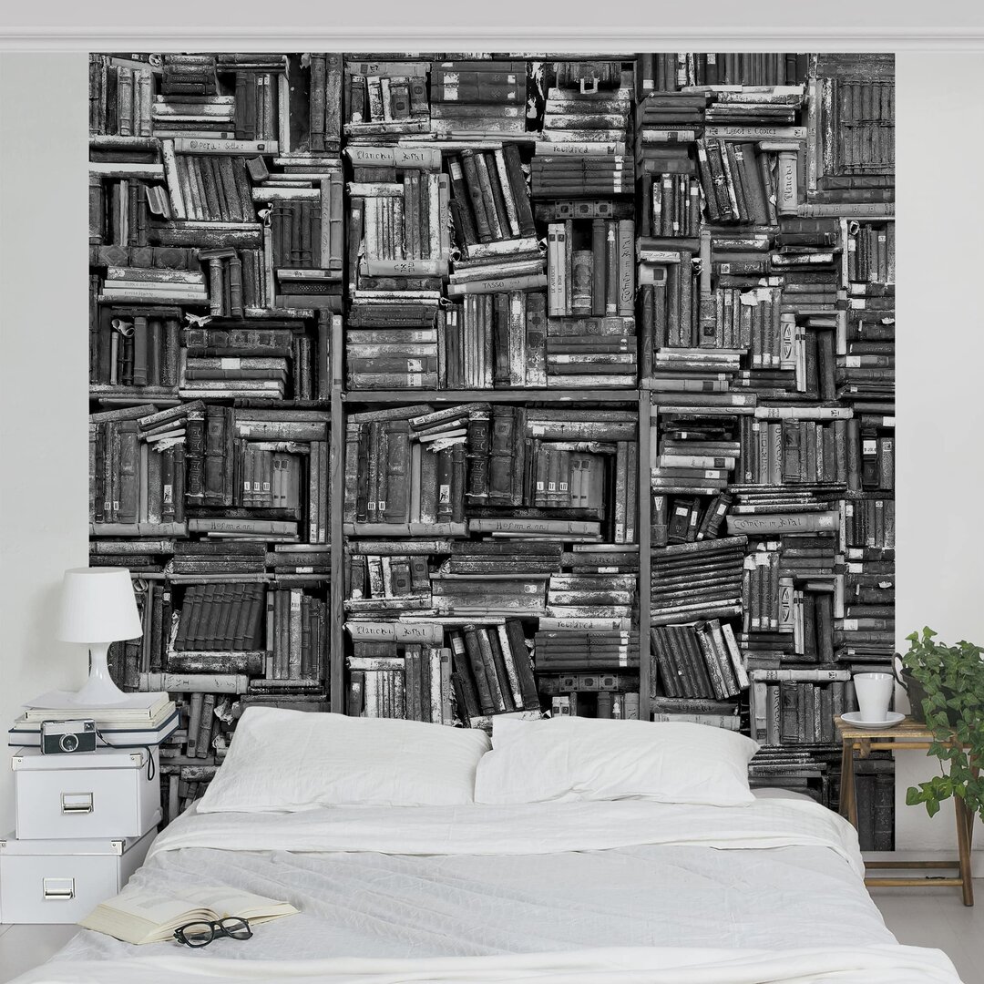 Strukturierte Fototapete Shabby Bookshelf Black White 2,88 m x 288 cm