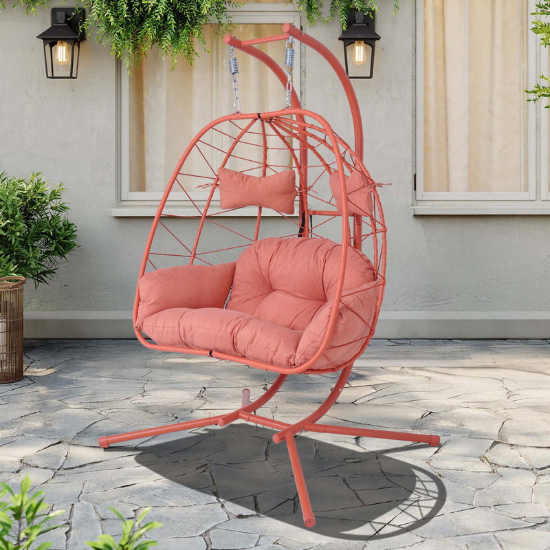 Balancelle en rotin PE pour deux personnes avec support et coussin épais pour patio, Orange-Red, Orange-rouge