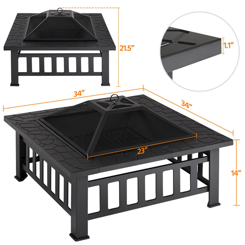 Pridgen Outdoor Square Fire Pit with Poker, Black, 14" H x 34" W x 34" D