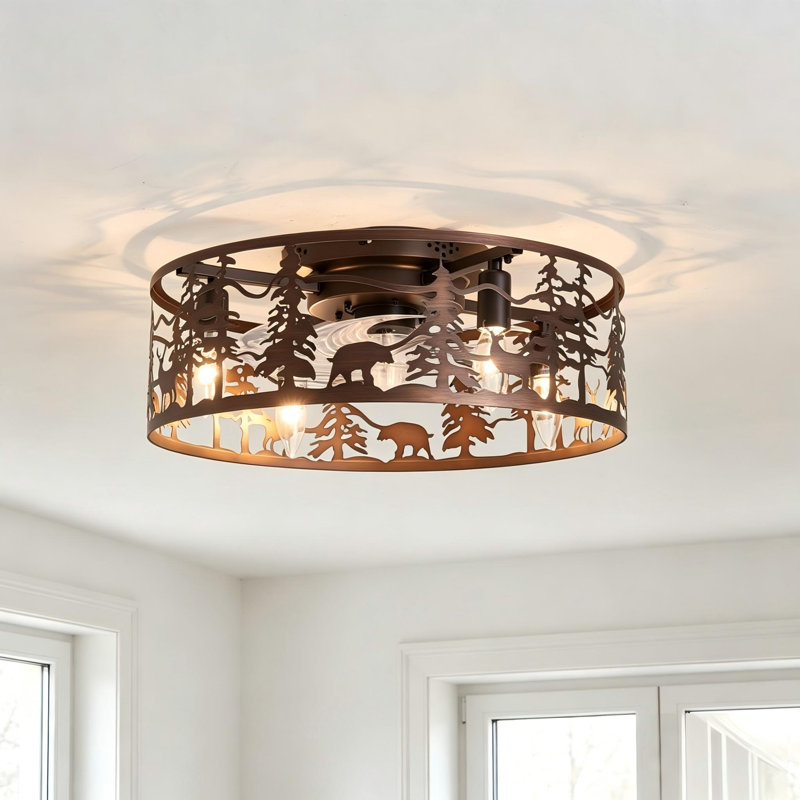 17.7" 4-Light Flush Mount Brown Wagon Wheel Ceiling Fan Light, 7-Blade Fandelier with Remote Control and Reversible DC Motor for All-Season Use