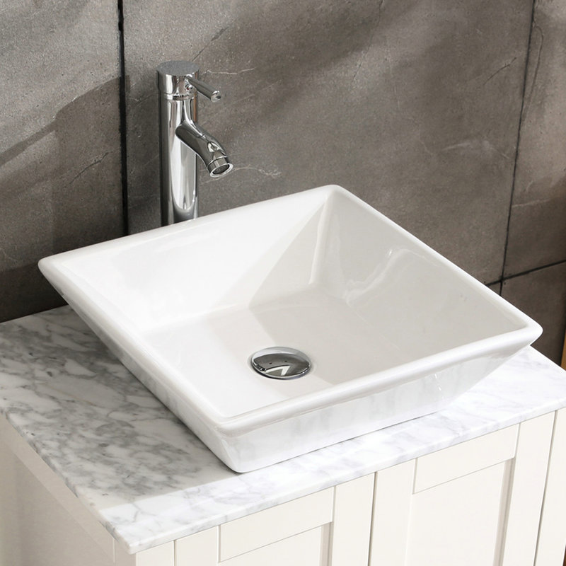 Lavabo de comptoir de salle de bain carré en porcelaine blanche 16,5 po, avec coussins de soutien robustes, facile à nettoyer et stable