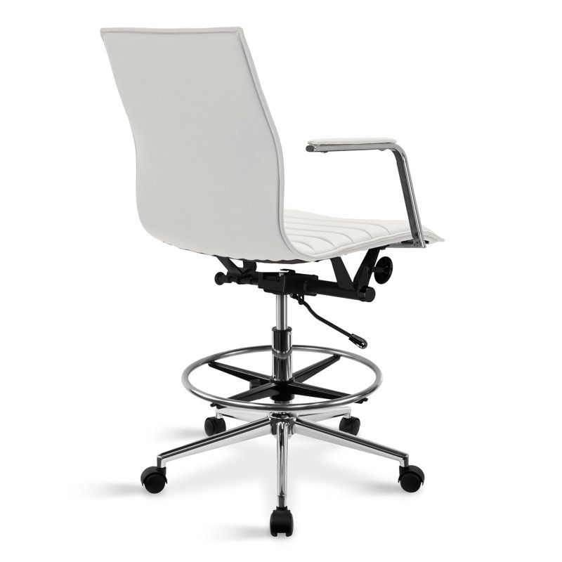 Modern Drafting Chair | Upholstered PU Leather Ribbed Mid Back with Tall Adjustable Base & Leg Rest | Tilt Lock, Swivel | Computer Armchair for Home, Executive, Conference, Meetings