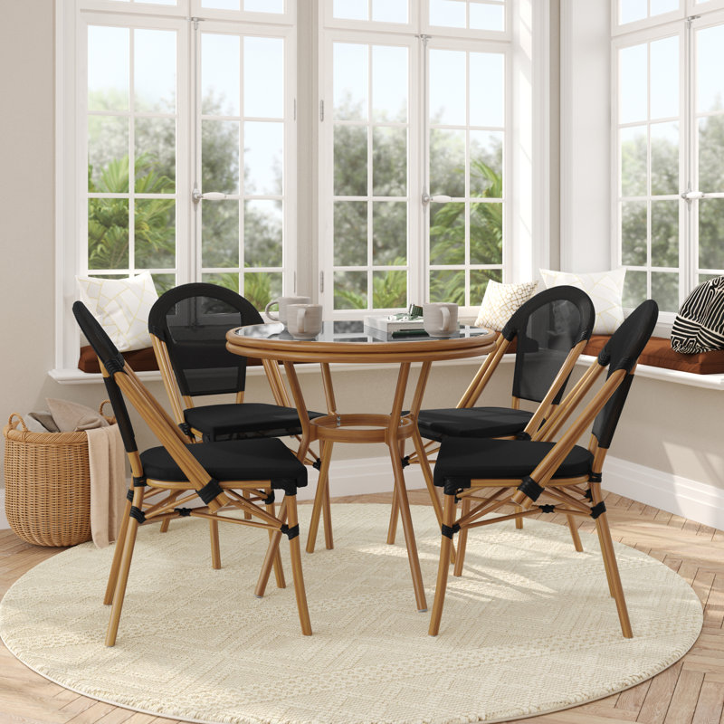 Rylan Indoor/Outdoor Commercial Bistro Set with Table and Four Chairs, Black