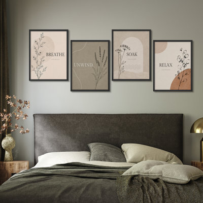 Minimal Neutral Botanical Line Art Wellness Quotes Breathe Unwind Soak Relax Framed Wall Art Prints Set of 4 - Bedroom, living room, bathroom spa or meditation room decor