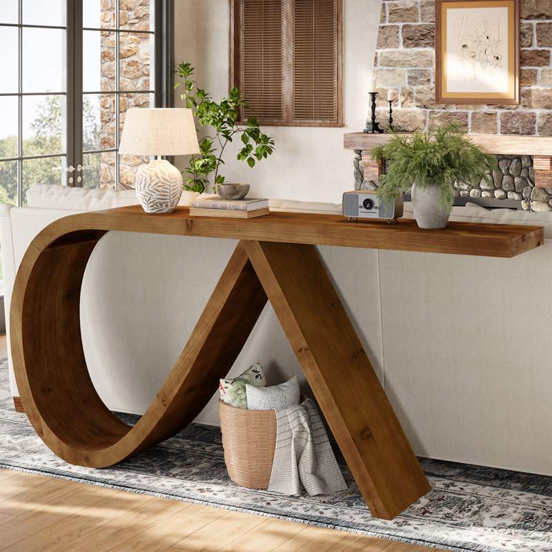 Solid Wood Console Table, 57" Long Farmhouse Entryway Table for Living Room, Hallway, Entrance, Foyer, Behind Couch, Walnut Brown