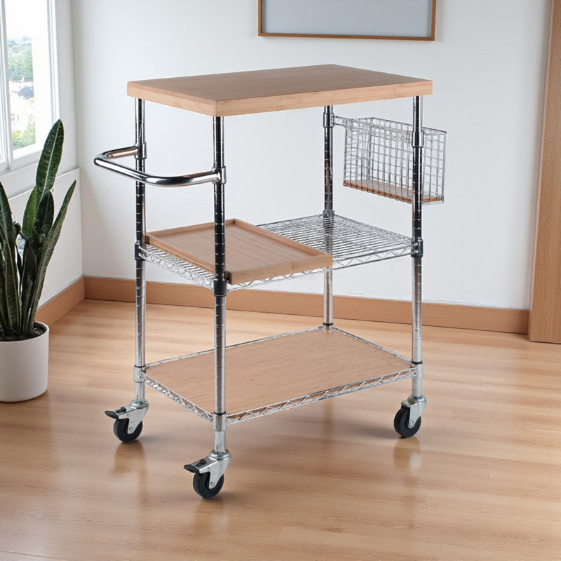 Madera 2-Shelves Utility Cart with Wheels in Natural Finish, 38.40'' H X 26.60'' W X 17.40'' D