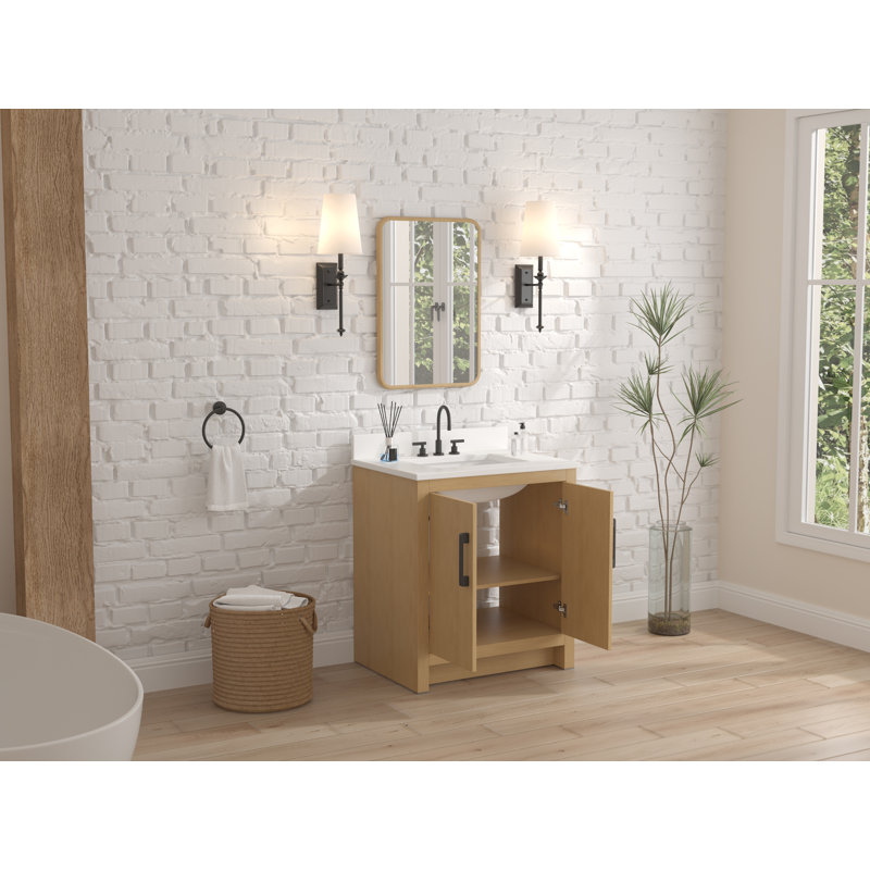 Meuble-lavabo sur pied moderne Sandi de 76 cm (30 po) en chêne clair, de marque Tennant, avec un seul lavabo et un comptoir en quartz blanc. Entièrement assemblé.